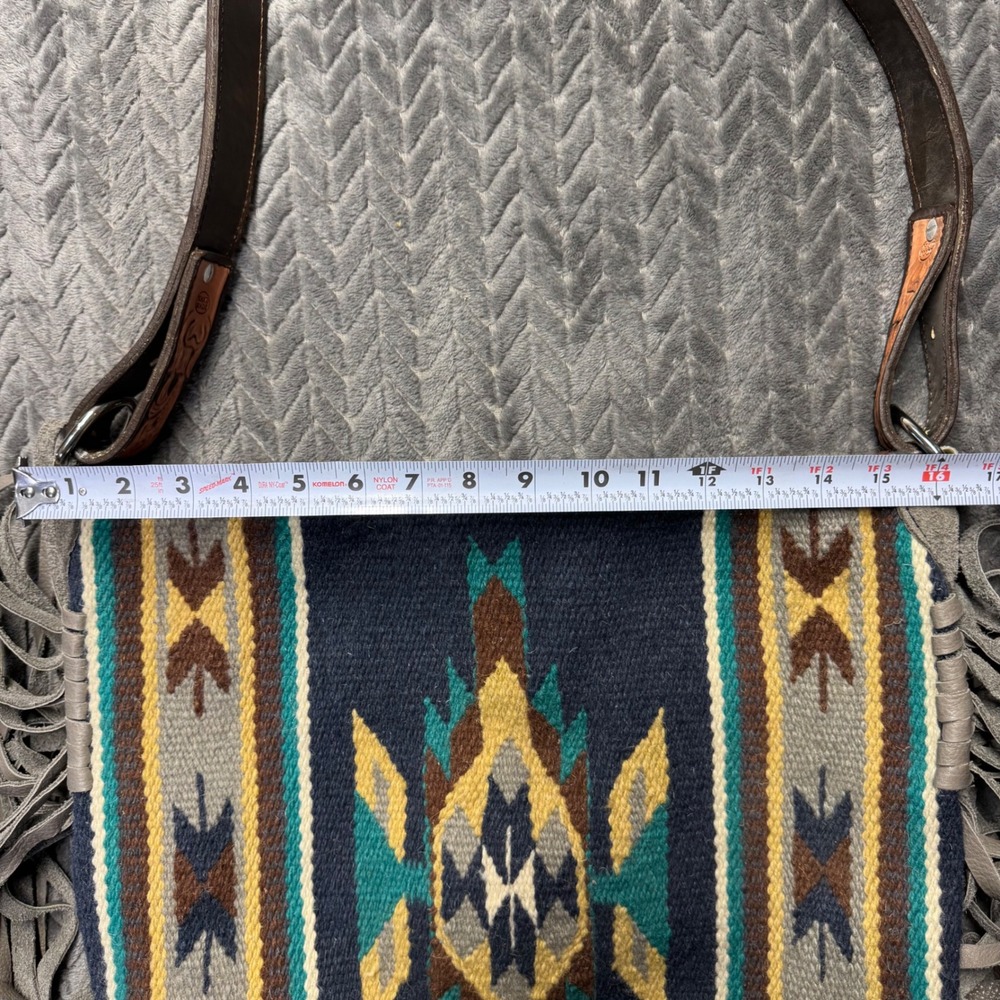 Handmade Southwestern Wool Fringe Blanket Crossbody Bag Tooled Leather Strap - Picture 9 of 9